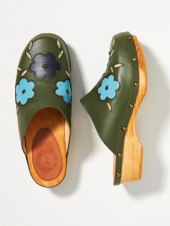 Shoes - Penelope chilver Olive Floral Leather Clogs with Blue Accents
